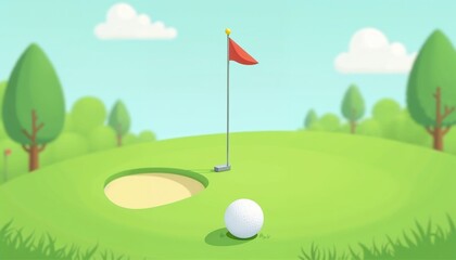 Flat illustration of a golf course with club and ball in light green tones, representing a peaceful outdoor sport