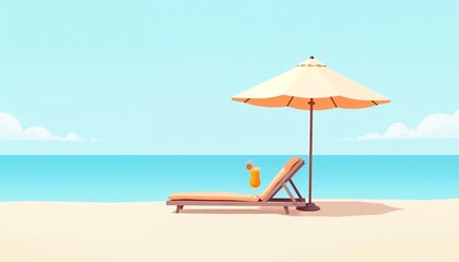 Obraz premium Flat illustration of a beach holiday with lounger, umbrella, and cocktail