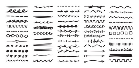 Various highlighter and underline lines set. graphic elements drawing free brush. Doodle strokes and markers