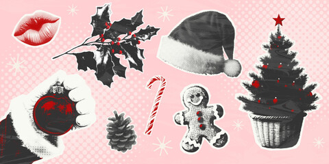 Christmas themed halftone sticker set with a retro feel, featuring Santas hand, gingerbread man, Christmas tree, candy cane, holly and Santa hat. Ideal for social media posts, cards or festive decor.