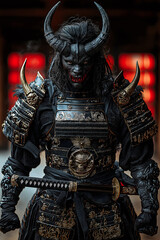 Fototapeta premium A demon samurai strikes a fierce pose in a traditional dojo, adorned with detailed armor and horned prosthetics, wielding a sword with dramatic effects in a captivating atmosphere