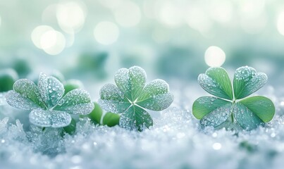 Three green clovers are on top of a snowy ground
