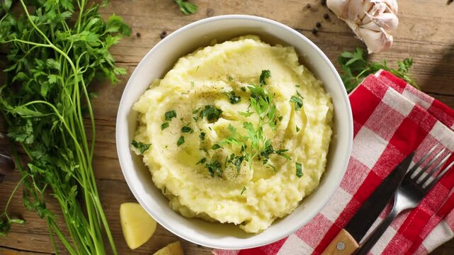 bowl of mashed potatoes with butter and parsley, top view