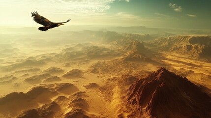 Naklejka premium Eagle gliding above an expansive desert landscape with distant mountains on the horizon. Open and vast scenery