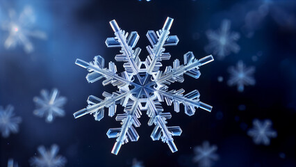 Perfect Symmetry of Nature: A Unique Snowflake in a Cold Winter Atmosphere with Crystalline Structure and Delicate Details, Captured through Macro Photography with Bokeh Effect 