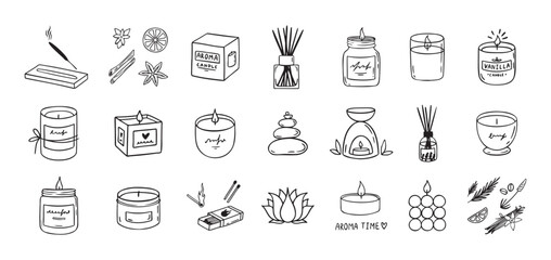 Hand drawn doodle candles set . Outline aroma collection. Burning aroma candles, Various Candles. Pillar, square and container candle. Decorative wax spice candles for relax and spa.