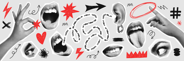 Contemporary art collage with with hands and lips.. Female halftone lips with tongue and piercing.Trendy vector pieces. Creative collage for social media, card, print on clothes. 
