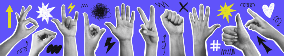 Halftone hands set. Trendy vector  pieces. Gesture signs. Modern forms for card, print on clothes. Creative collage.