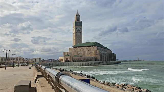 the famous Hassan II Mosque, a stately mosque, a fine example of pure Moroccan architecture, One of the five largest mosques in the world, a true icon landmark of Casablanca, Morocco
