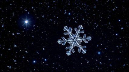 Perfect Symmetry of Nature: A Unique Snowflake in a Cold Winter Atmosphere with Crystalline Structure and Delicate Details, Captured through Macro Photography with Bokeh Effect 