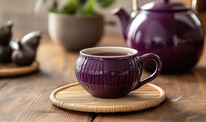 A purple mug of tea sits on a wooden table