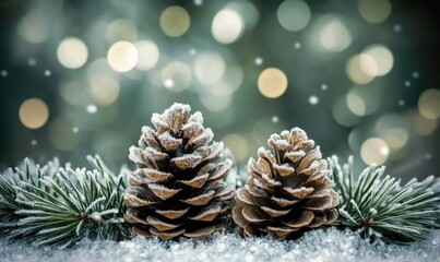Two pine cones are on a snowy ground