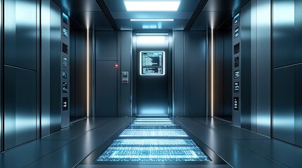 Elevator interior with a large, clear digital floor display and backlit buttons, displaying a futuristic look