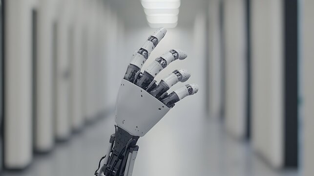 Robotic Hand Reaching Out: A mechanical hand, constructed of sleek, futuristic materials, extends towards the viewer in a gesture of invitation, exploration, or perhaps even a touch of mystery.
