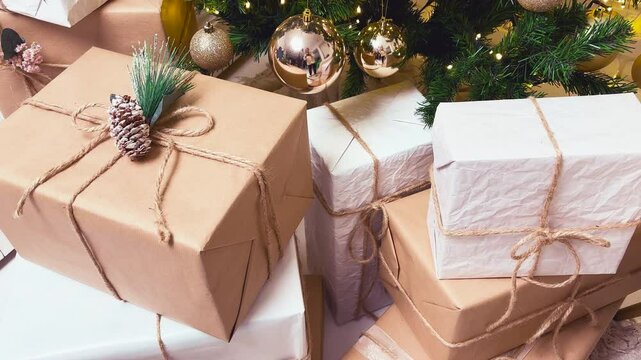 New Year's and Christmas presents lie under the tree. Christmas gifts are waiting to be unwrapped under the Christmas tree. The concept of anticipation and excitement before celebrating Christmas.