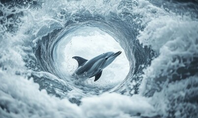 Fototapeta premium A dolphin is swimming in a wave