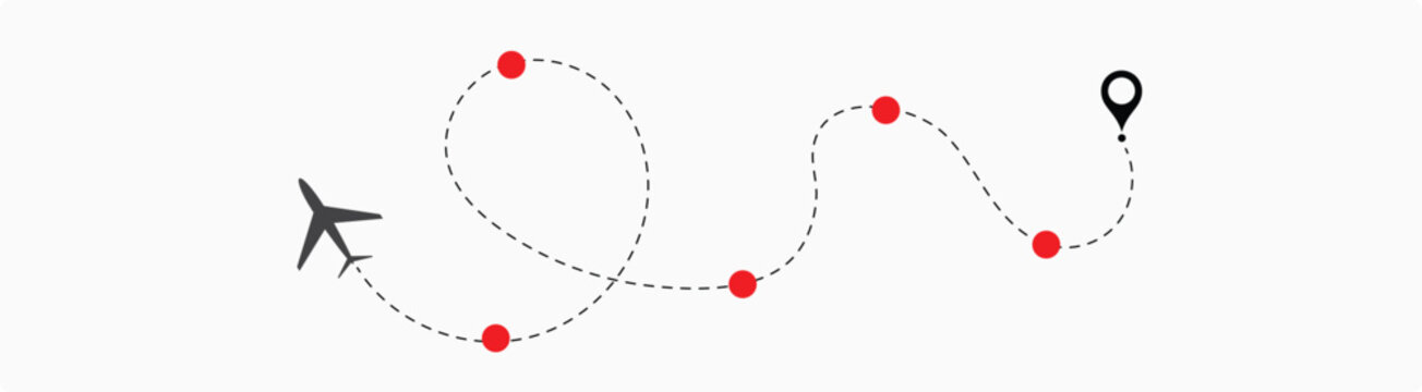 Airplane line path vector icon set of air plane flight route with start point and dash line trace. Plane vector icon and dotted line airplane path 4