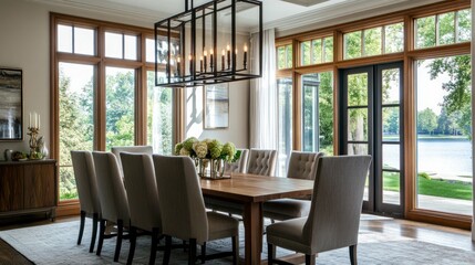 Modern Dining Room with Lake View and Wooden Table