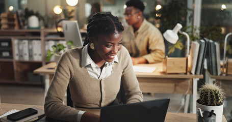 Black woman, laptop and press communication in office, email client and online to update website....