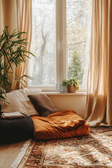 Cozy indoor seating by sunny window