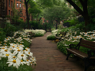 Photo - Serene Brick Path with White Daisies and Benches in a Lush Garden