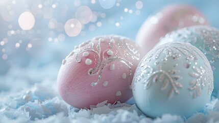 Obraz premium Delicately decorated pastel Easter eggs resting on a soft, textured surface in a bright setting