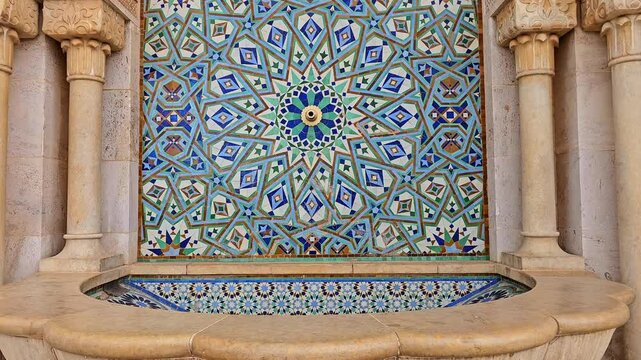 traditional tap water decorated Traditional Moroccan Zellige Mosaic Art at Hassan II Mosque, Casablanca Morocco