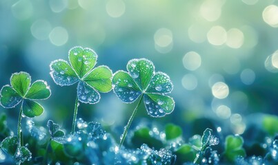 Three green clovers with water droplets on them