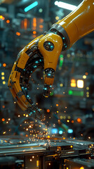 3D Illustration Robotic Arm Sparks Factory Automation