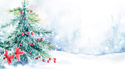 Watercolor of Decorated Pine Tree with Red Berries and Poinsettias in Snowy Winter Scene