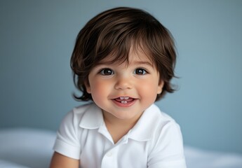 A beautiful baby boy with dark brown hair and big eyes, wearing a white short-sleeved shirt, smiling while sitting on the bed