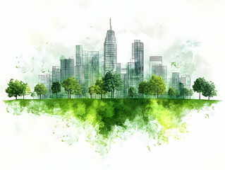 Obraz premium Illustration - Green Cityscape with Lush Trees and Modern Buildings