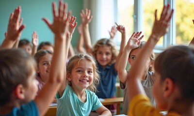 Fototapeta premium Enthusiastic elementary school students raising hands in classroom, focus on smiling girl in turquoise shirt. Natural lighting highlights genuine engagement and joy of active learning environment