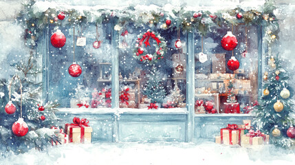 Festive Christmas Storefront with Snowy Decorations and Gifts