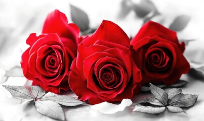 Three red roses are on a white background