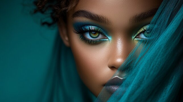 Close-up portrait of a beautiful woman with vibrant eye makeup and a blue veil.