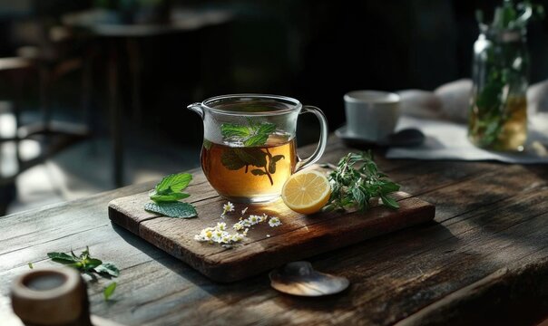 A pitcher of tea with mint leaves and a lemon slice