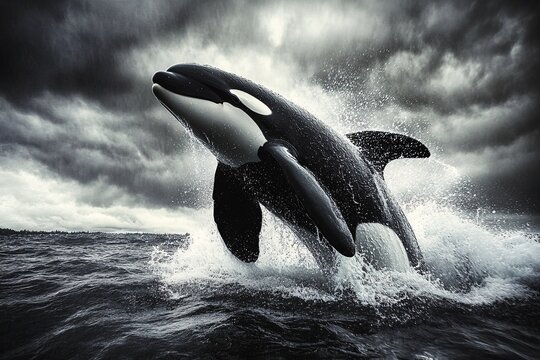 Majestic Orca Breaching in Stormy Seas