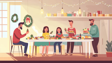 Cartoon illustration of a Christmas party with happy family friends celebrating at the table