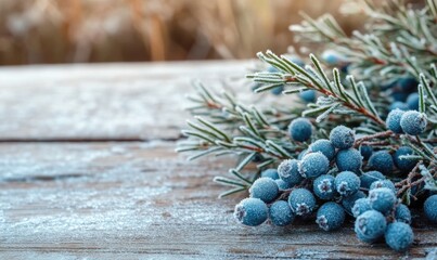 A bunch of juniper berries are on a wooden table