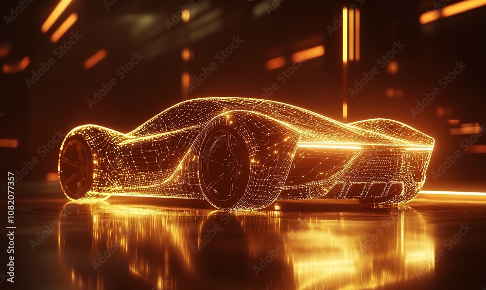 Poster a futuristic sports car rendered in a digital wireframe style, illuminated by warm, glowing lines in
