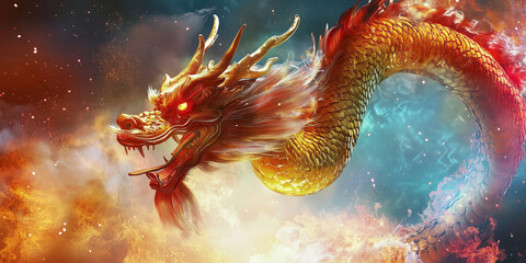 Beautiful Chinese dragon during street festival and celebration of Lunar New Year.