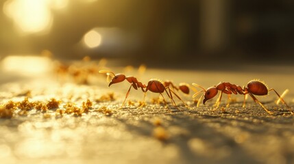 Fototapeta premium Ants Trailing Food Crumbs in Natural Daylight