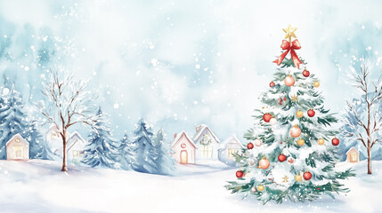 Obraz premium Serene winter scene with Christmas tree, cozy houses, snow, and evergreens, evoking cheer
