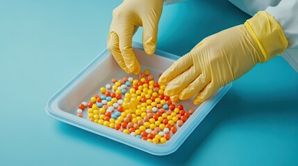 Obraz premium Hands wearing nitrile gloves organizing pills in a tray, symbolizing safety in pharmaceutical work.