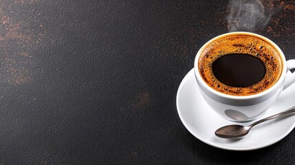 A photostock of a steaming cup of coffee on a saucer with a spoon on isolated on transparent PNG background, High Quality.
