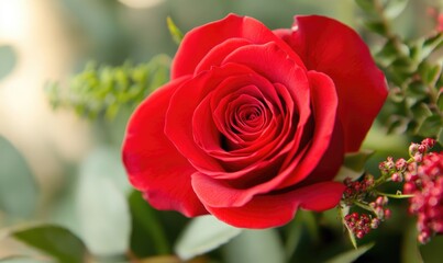 A red rose with green leaves