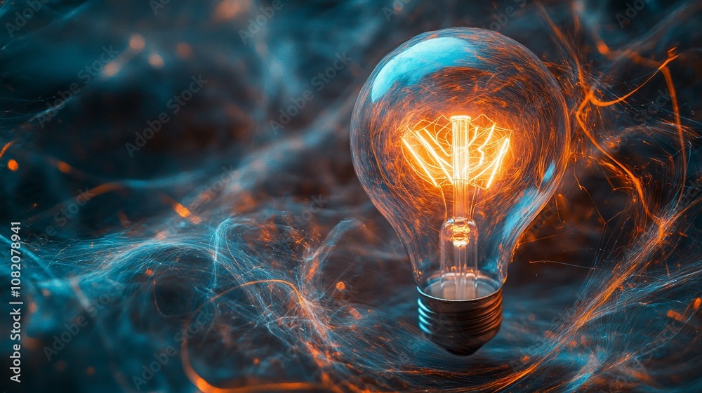 Poster a glowing light bulb with a filament in the shape of a letter 'i', surrounded by a blue and orange h