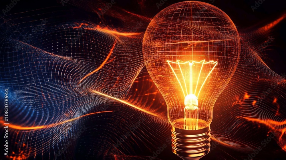 Poster a glowing light bulb with a dark background of a wavy mesh of red and blue lines, representing innov