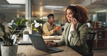 Happy woman, call center consultant and laptop for telemarketing, support or business. Help,...